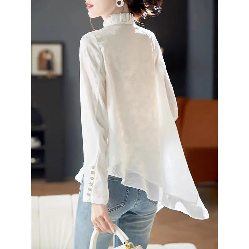 Spring Autumn New Fashion Stand Collar Long Sleeve Pullovers Women's Clothing Aesthetic Loose Female Clothes Printed Women Blous