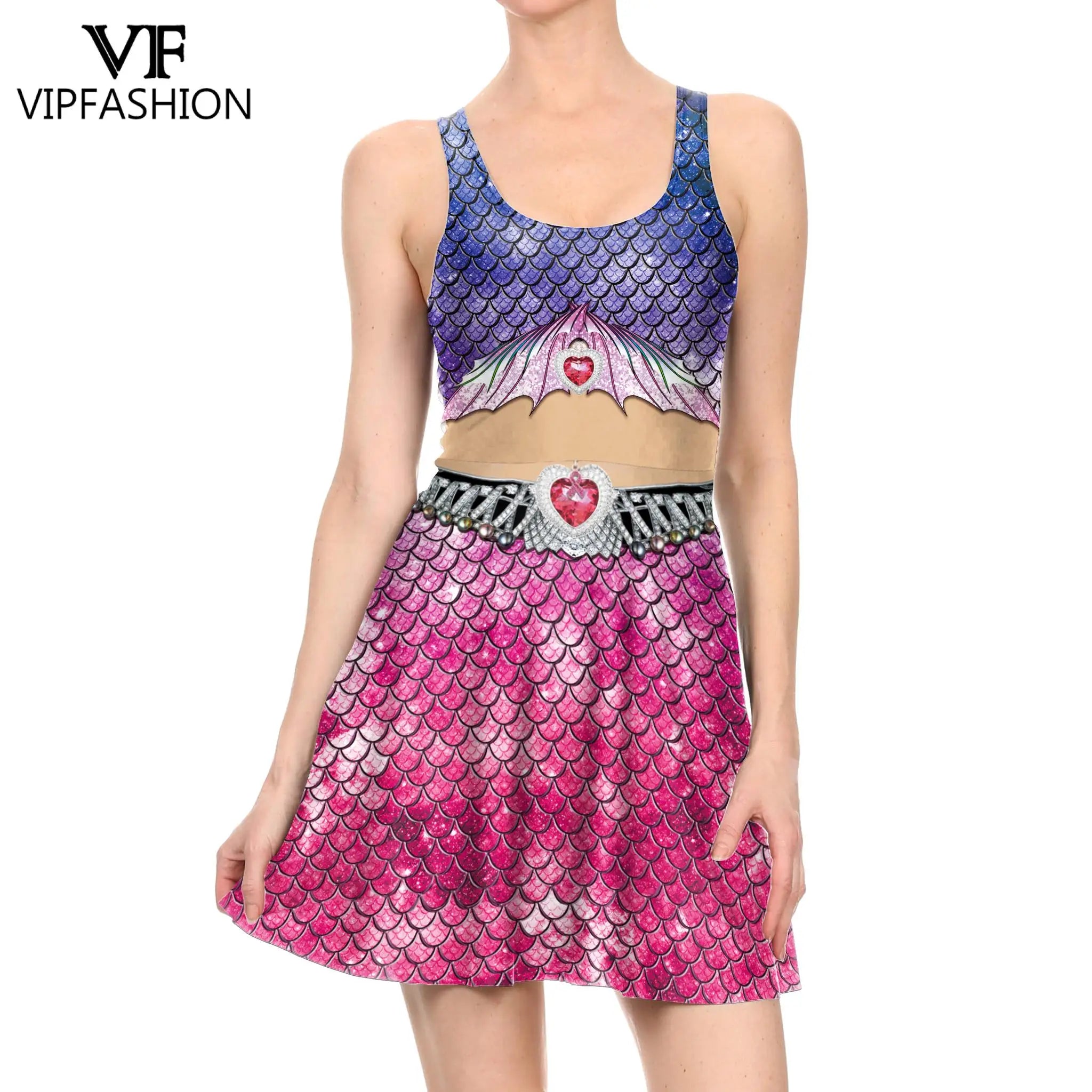 VIP FASHION Mermaid Tank Top Dress Summer Women Elegant One Piece Sexy Fish Scale Print Dresses Lady Sleeveless Cosplay Outfits