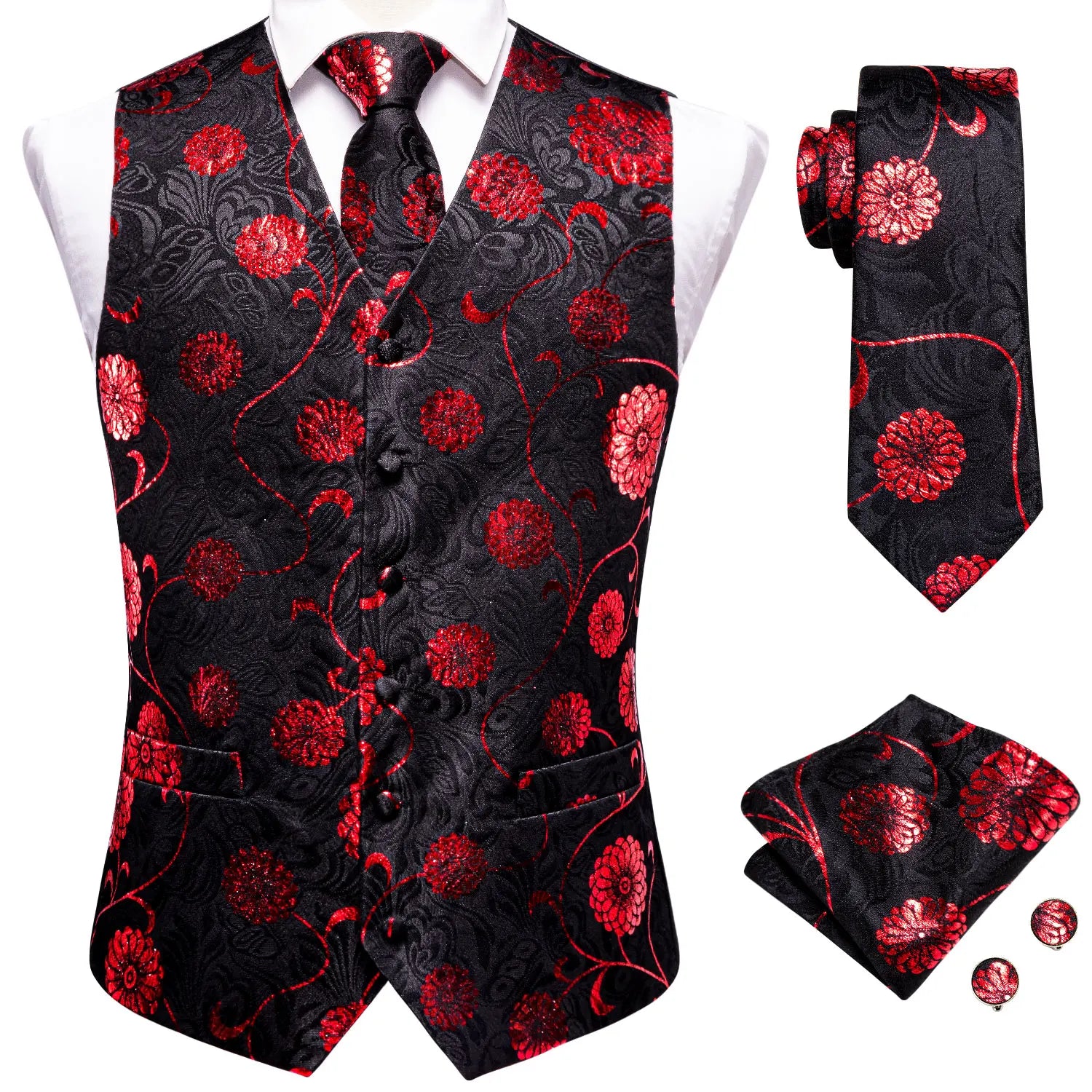 Hi-Tie Black Men Silk Vest Paisley Jacquard Necktie Hankerchief Cufflinks Sets Male Sleeveless V-Neck Waistcoat Business Formal