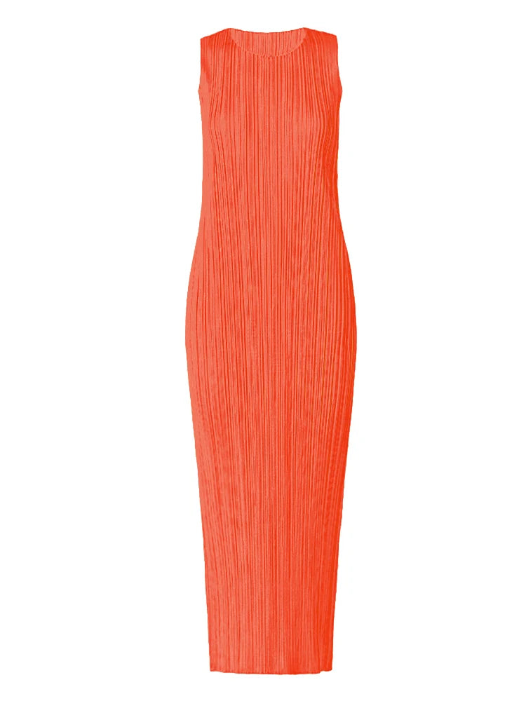 Miyake Pleated Women Dress Summer Sleeveless Long Classic Korean Fashion Casual Elegant Female Lce Water Blue Beach Dress TP5045