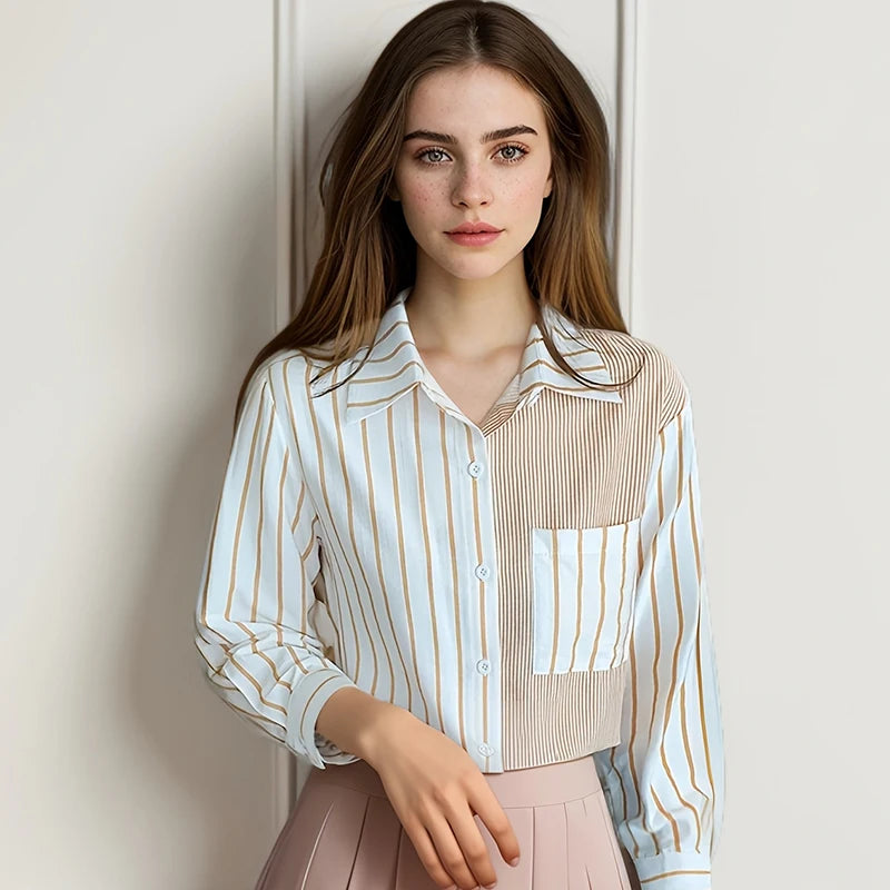 Loose Casual Striped Patchwork Pocket Luxury Sweet Top Shirt And Blouses Clothing For Women's Pink 2025 Summer Trendy All-match