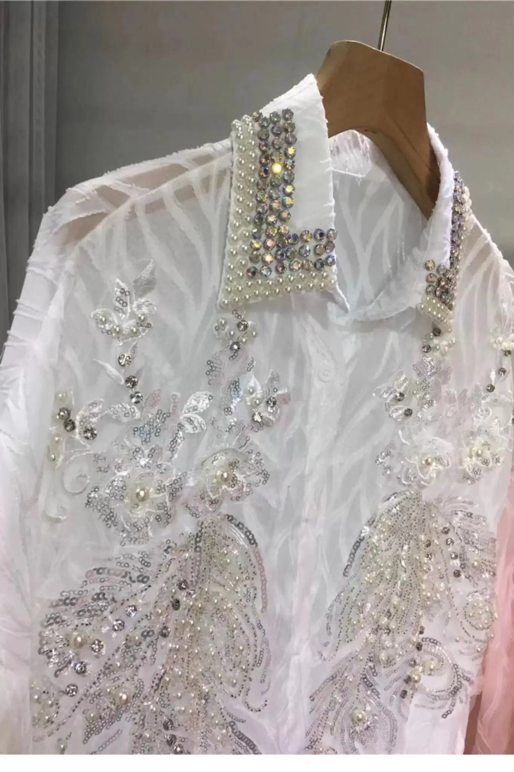 New In Oversized Beaded Sequined Stitch Button Up Blouses Shirts Women's Long Sleeve Mid-Length Pink White Shirt Top
