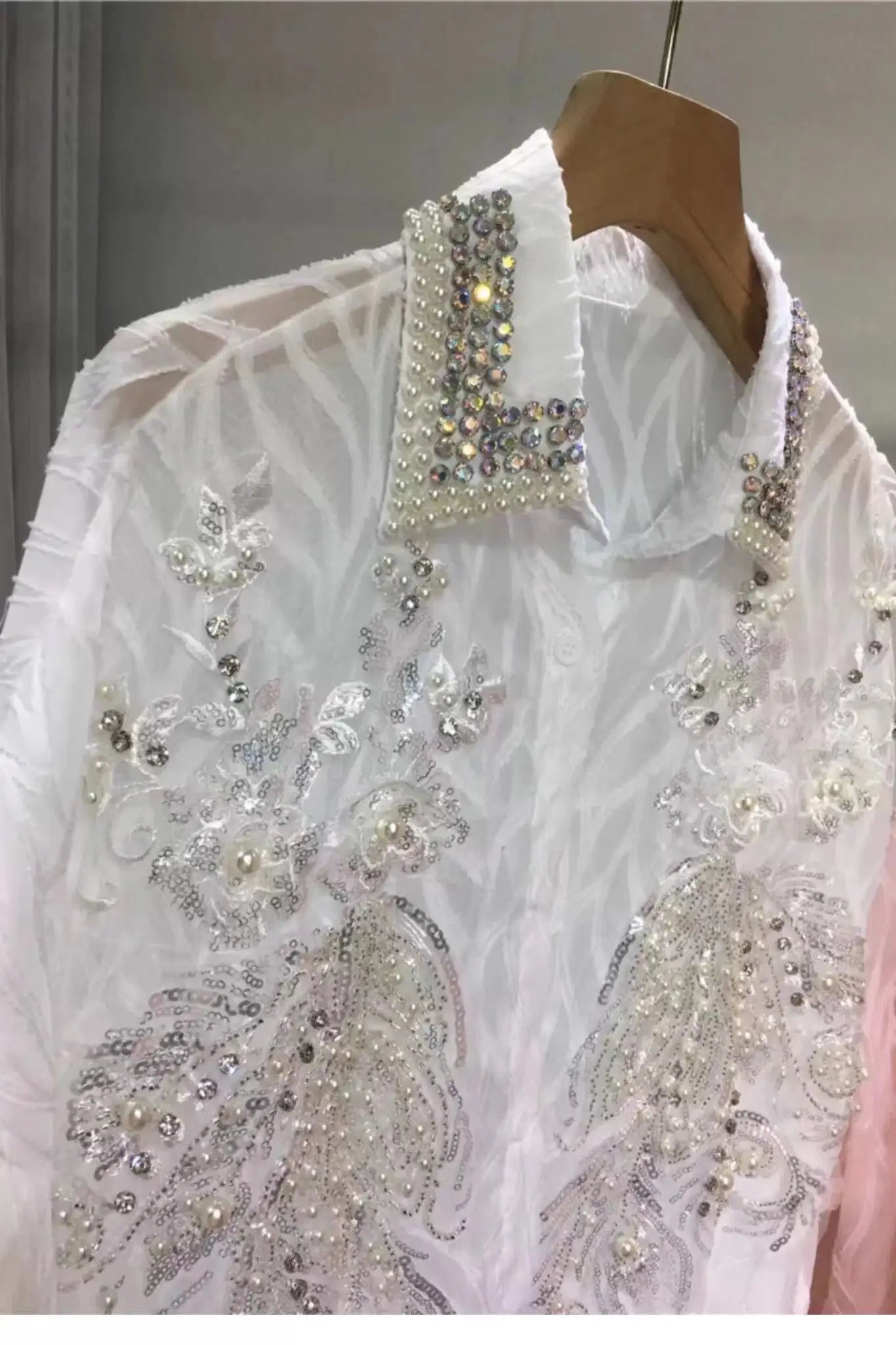 New In Oversized Beaded Sequined Stitch Button Up Blouses Shirts Women's Long Sleeve Mid-Length Pink White Shirt Top
