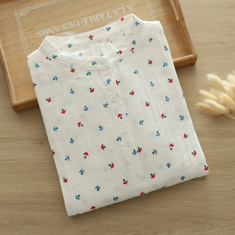 100% Cotton yarn women's shirt 2025 summer Japan style brief short bat sleeve blouses large size tops middle aged women blouses