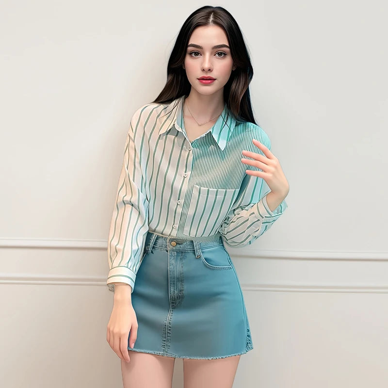 Loose Casual Striped Patchwork Pocket Luxury Sweet Top Shirt And Blouses Clothing For Women's Pink 2025 Summer Trendy All-match