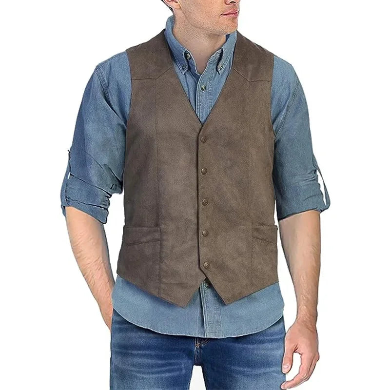 Men's New Suede V-neck Waistcoat Slim Business Dress Vintage Single-breasted Top