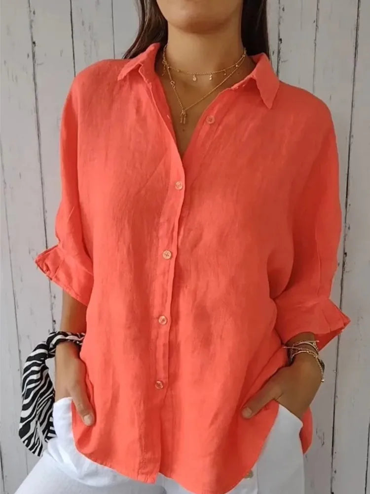 New Women Cotton Linen Shirts Elegant Back Bow Lace Up Solid Casual Shirt Spring Summer Lapel Half Sleeve Blouse Loose Tops