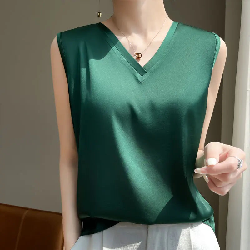 V-Neck Silk Vest Women's Summer Short-Sleeved Blouse With Acetic Acid Satin Top Sleeveless Bottoming Shirt YTM A39