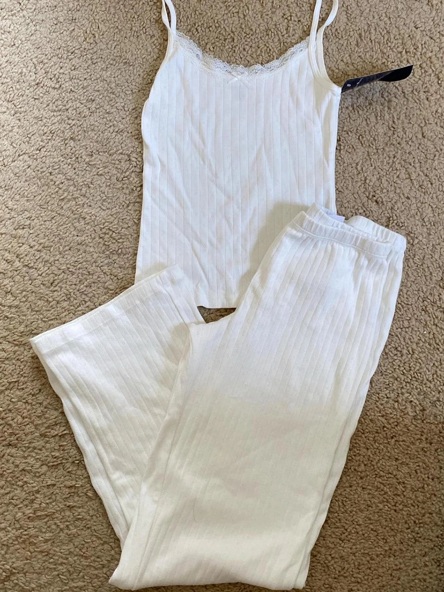 Eyelet White Tank Pant Home Set Woman Bow Slim Crop Top+Elastic High Waist Straight Trousers Summer Cotton Pajama 2 Piece Sets