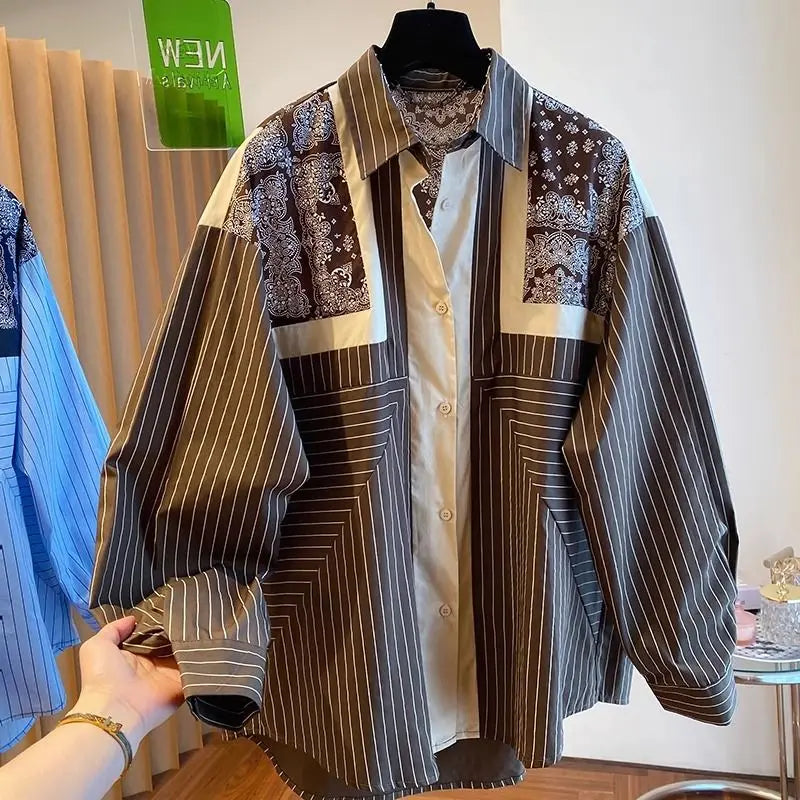 Folk Vintage Women's 2024 New Patchwork Polo Collar Printing Button Stripe Fashion Loose Casual Long Sleeved Blouses Shirts