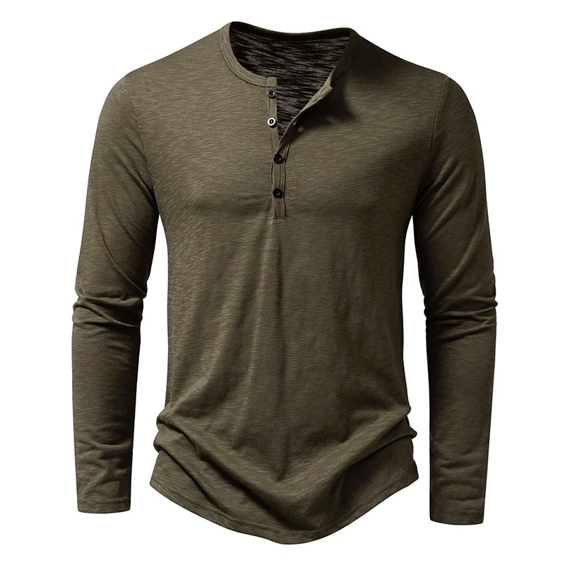New Men's Cotton Henley T Shirt Long Sleeve T-Shirts Basic Casual Button Collar Breathable Daily Top Tees