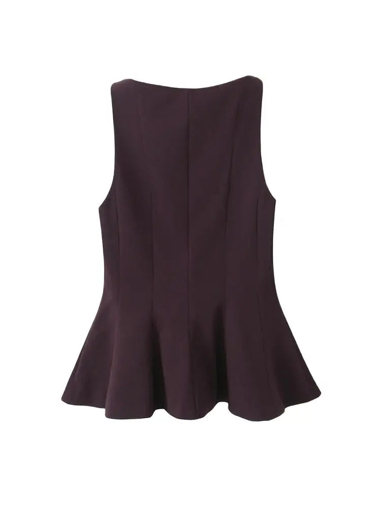 TRZA-Fitted Ruffled Blouses for Women, O Neck, Sleeveless, Side Zipper, Female Shirts, Chic Tops, Fashion