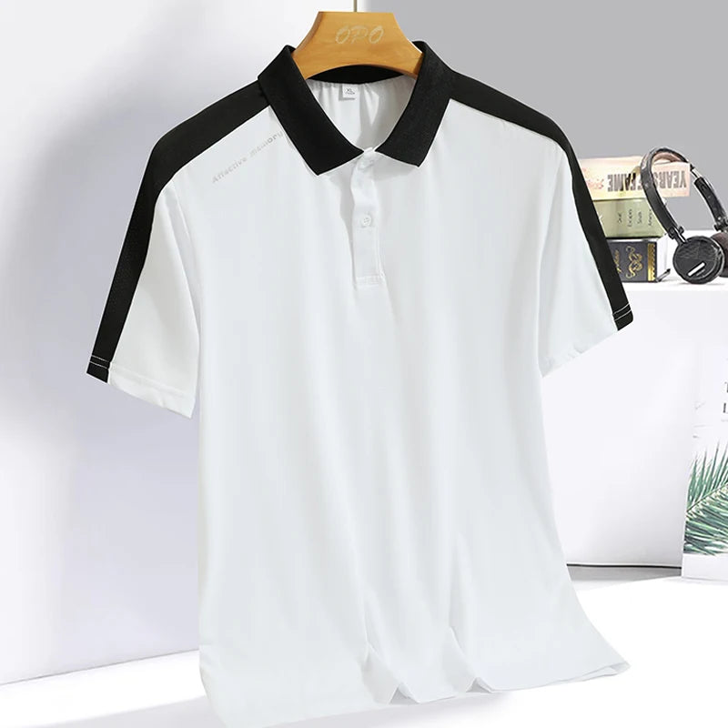 Men's Polo collar top with summer ice silk breathable quick drying short sleeved T-shirt patchwork contrasting color polo shirt