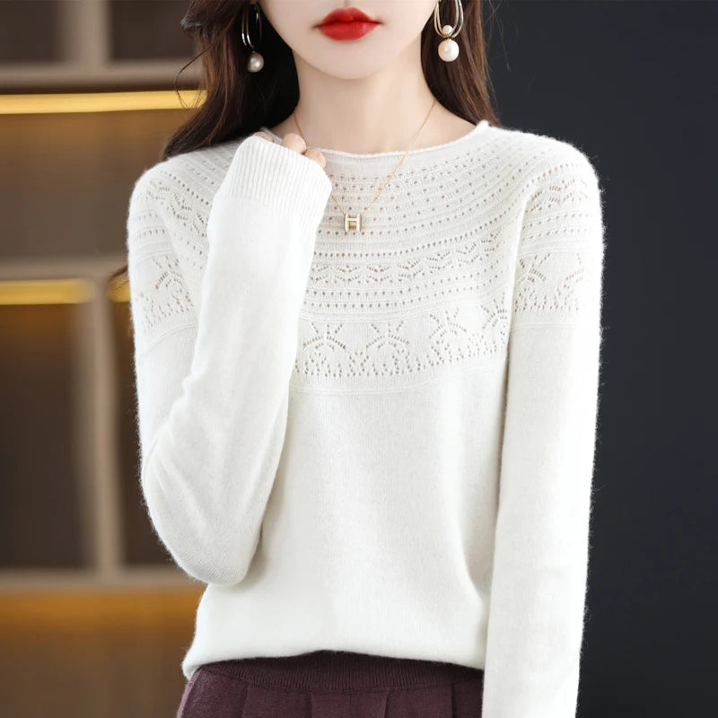 100% Merino Wool Knitted Sweater Autumn/Winter 2024 New Women's Round Neck Hollow Top 11 Color Pullover Versatile Coat NJR1107