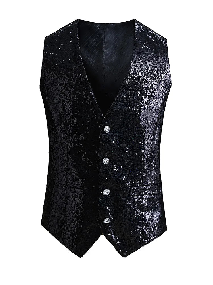 Red Shiny Sequins Single Breasted Sleeveless Vest Men's V-Neck Waistcoat Gold Black White Blue Purple Available M L XL XXL XXXL