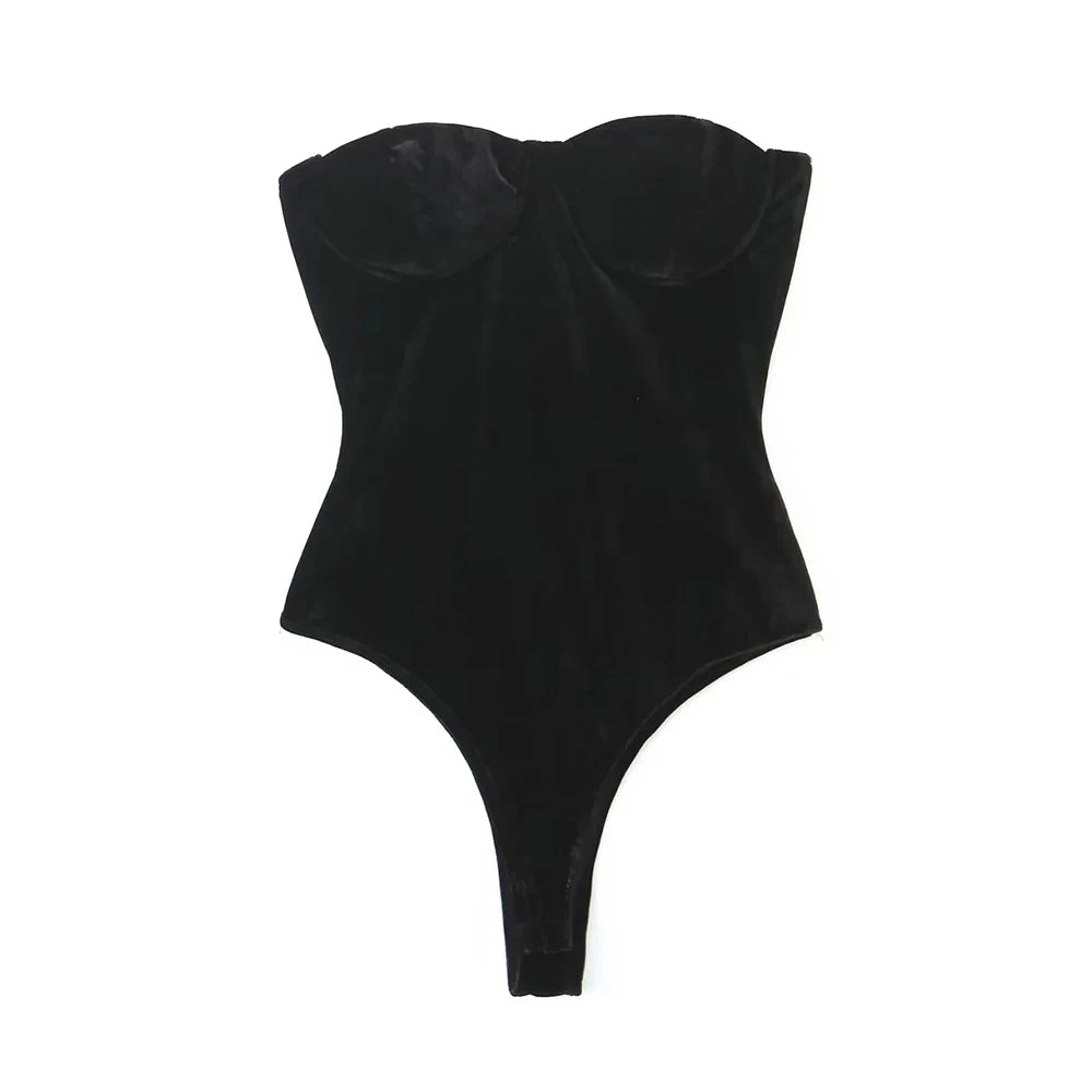 TRZA-Strapless Velvet Bodysuits For Women, Straight Neck, Snap-Button, Female Playsuits, Sexy Fashion