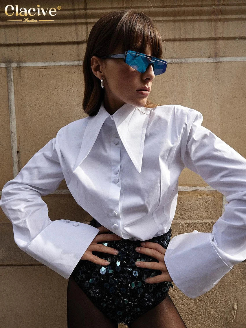 Clacive Fashion Loose White Women'S Shirt 2024 Casual Lapel Long Sleeve Blouses Elegant Classic Solid Blusa Tops Female Clothing
