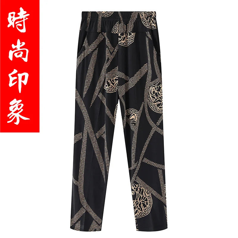 Summer Women's Printed Pants 2023 New Elastic High Waist Thin Ice Silk Pants Loose Large Size Women's Casual Ninth Pants 7XL 8XL