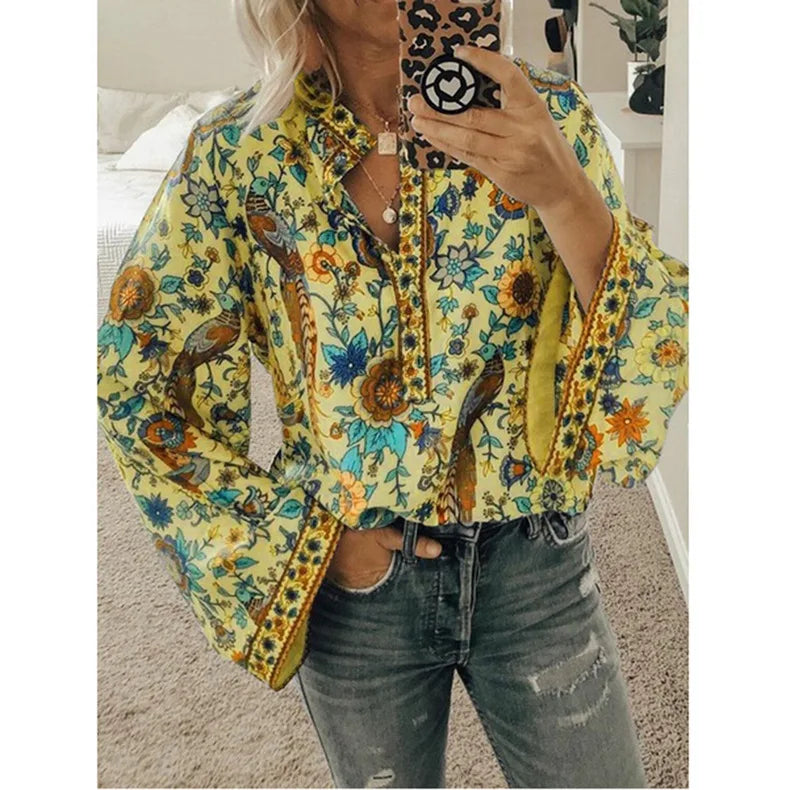Bohemia Flower Printed Women's Blouse Flare Sleeve O-neck Casual Blouse Female New Autumn Fashion Ethnic Retro Ladies Shirt Tops