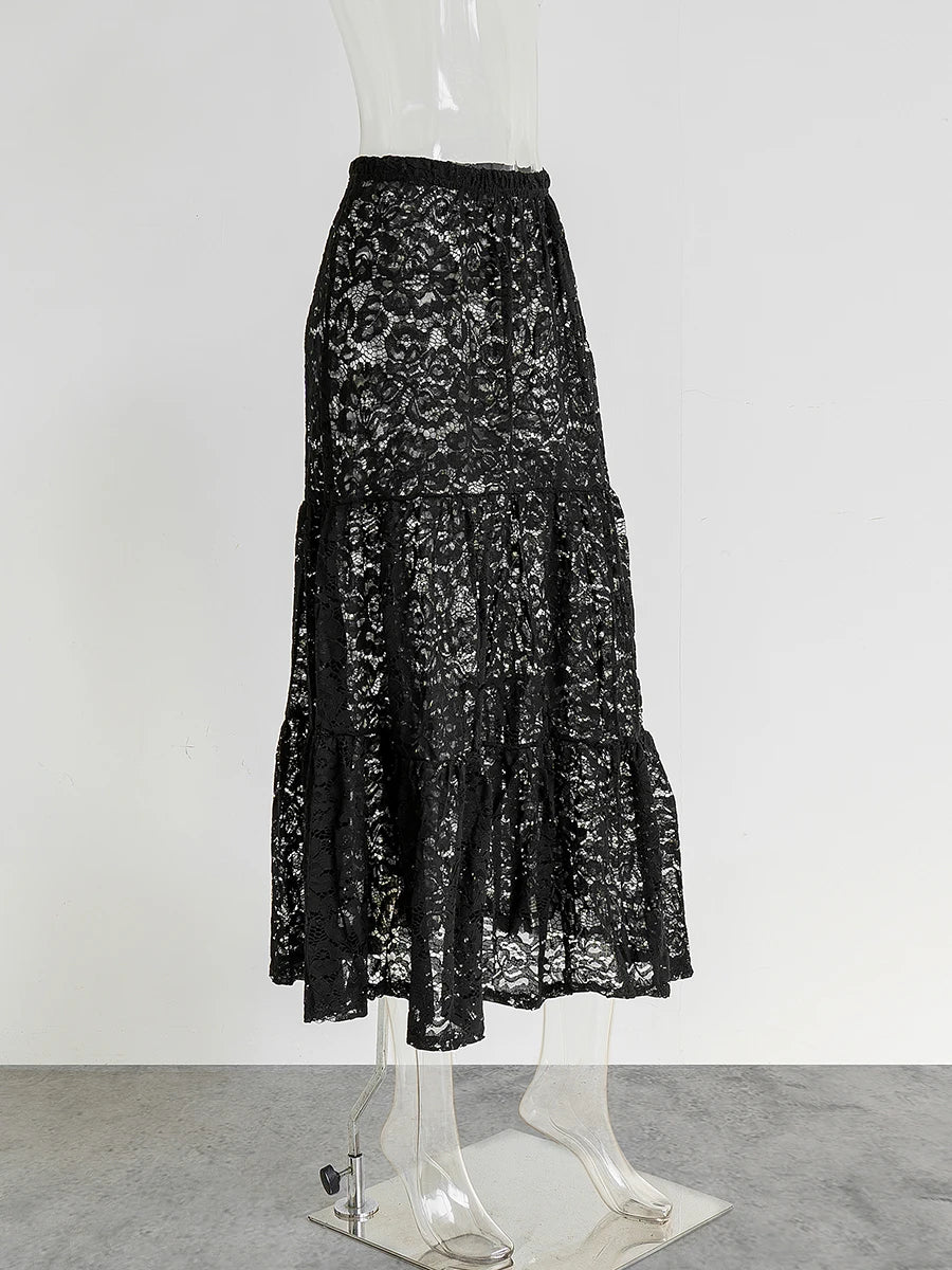 Lace Jacquard Transperant Skirt Women Summer New High Waist Sexy Casual Long Skirts 2025 Streetwear Fashion White Maxi Skirt