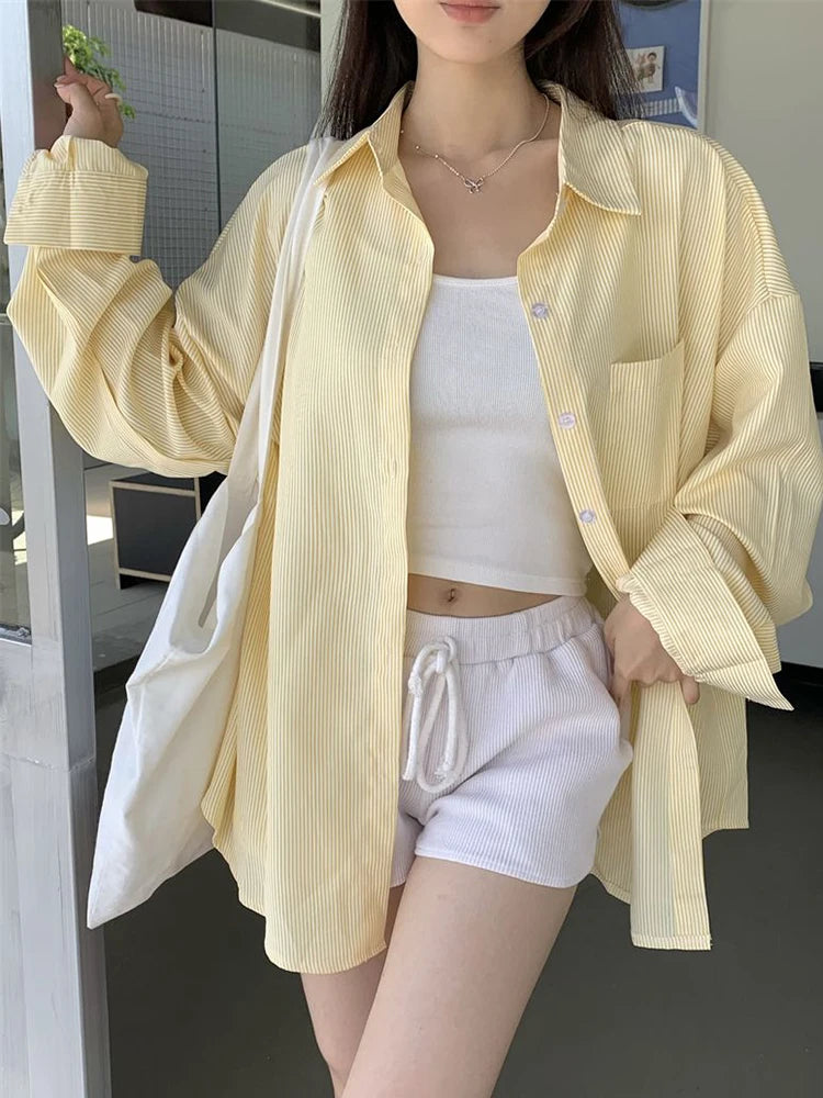 Korean Yellow Striped Shirt Women Lazy Wind Loose Preppy Style Blouse Vintage Long Sleeve Casual Female Sweet Tops New