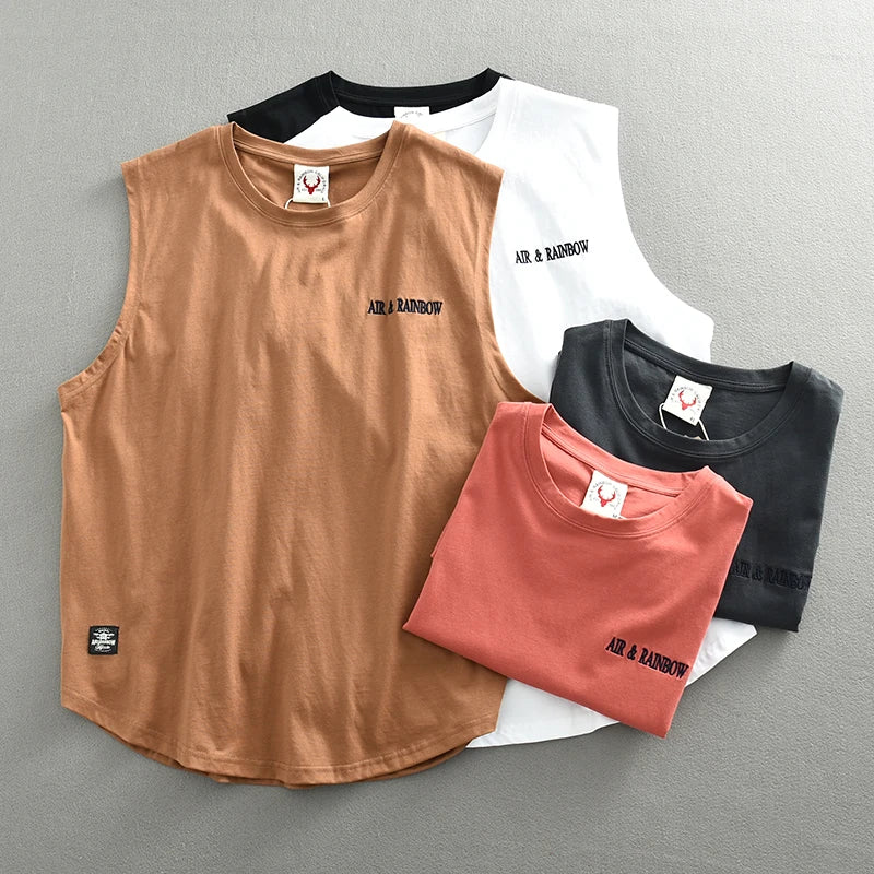 Summer New American Retro Sleeveless O-neck Letter Embroidery T-shirt Men's Fashion 100% Cotton Washed Casual Sports Vest Tops