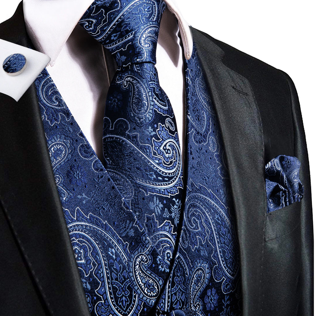 Hi-Tie Navy Blue Mens Vest Formal Silk Paisley Waistcoat Jacket Tie Handkerchief Cufflinks Set For Male Dress Suit Wedding Party