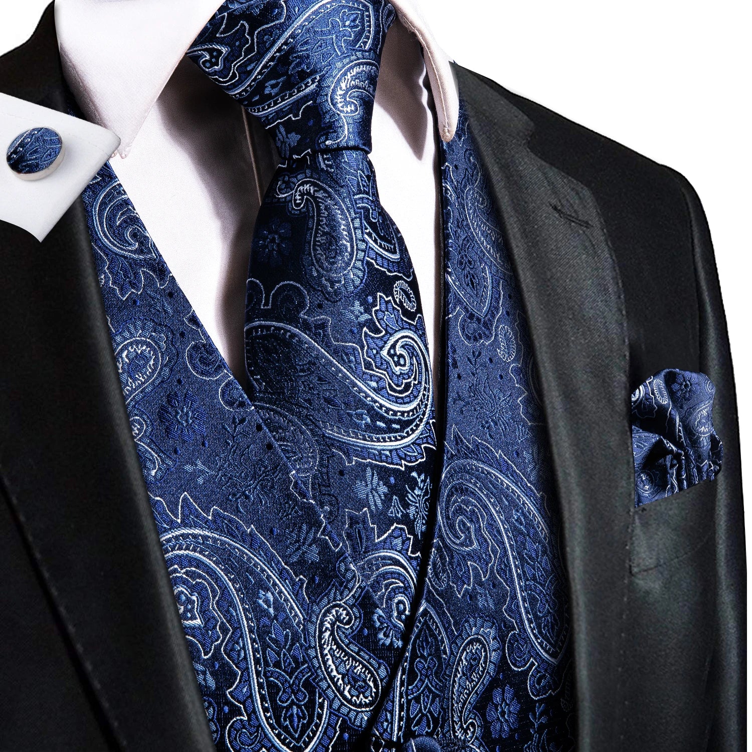 Hi-Tie Navy Blue Mens Vest Formal Silk Paisley Waistcoat Jacket Tie Handkerchief Cufflinks Set For Male Dress Suit Wedding Party