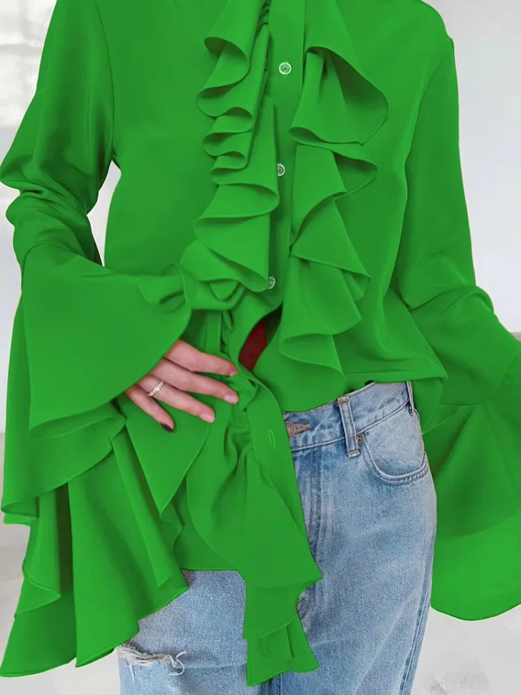 Elegant Ladies Chiffon Shirt Top Fashion O-Neck Trumpet Sleeve Ruffled Single-Breasted Loose Casual Solid Color Top