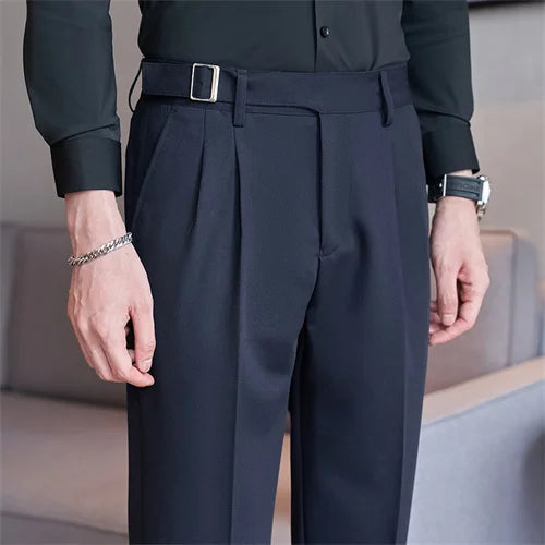 Pure Color Male Business Wedding Dress Pants Fashion Unique Design Men Waist Adjustable Suit Pant No Belt Slim Trousers Homme