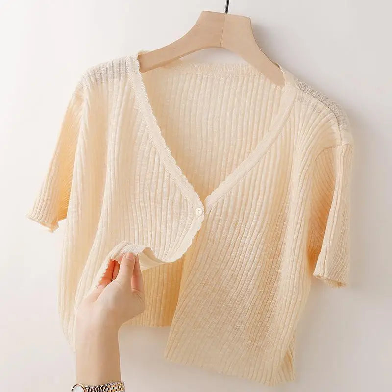 Ice Silk Knitted Cardigan Women's Summer Thin Short-sleeved Outer Wear Sun Protection Short Versatile Simple Commuter Top