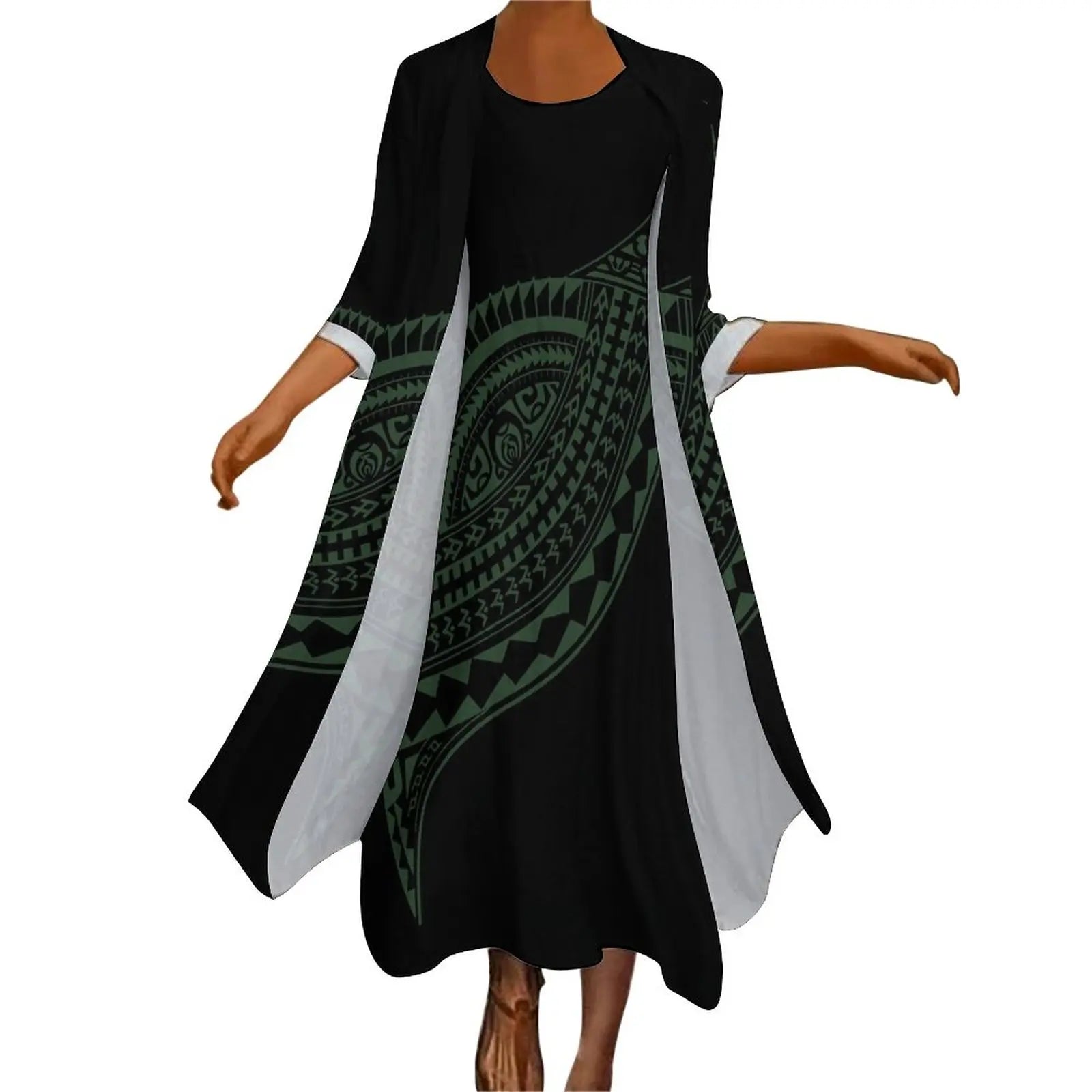 New high stretch two piece dress set women clothing custom Big people polynesian dress & Kimono cloak set women's cardigan suit