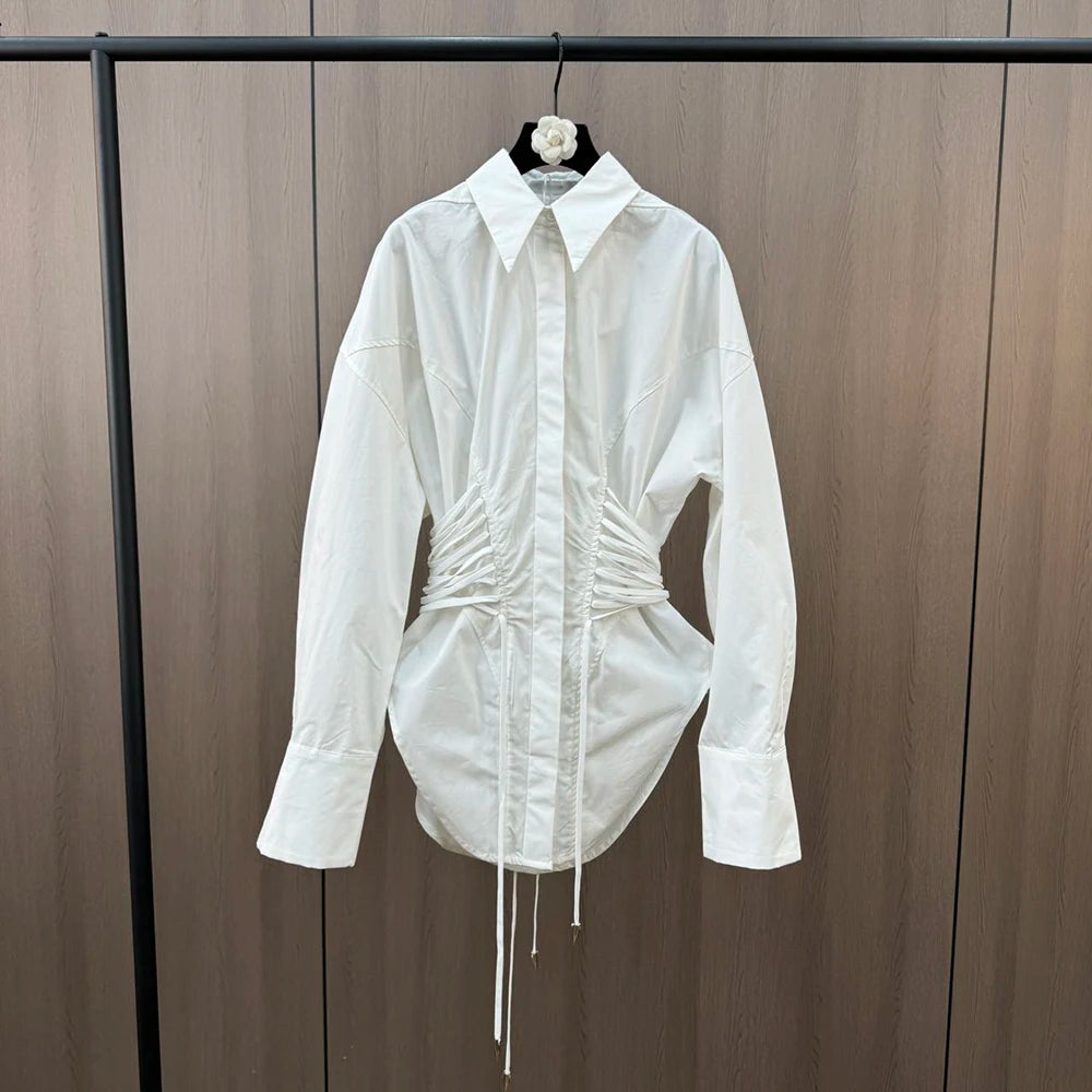 TWOTWINSTYLE Solid Spliced Lace Up T Shirts for Women Lapel Long Sleeve Patchwork Single Breasted Fashion Top Female Clothing