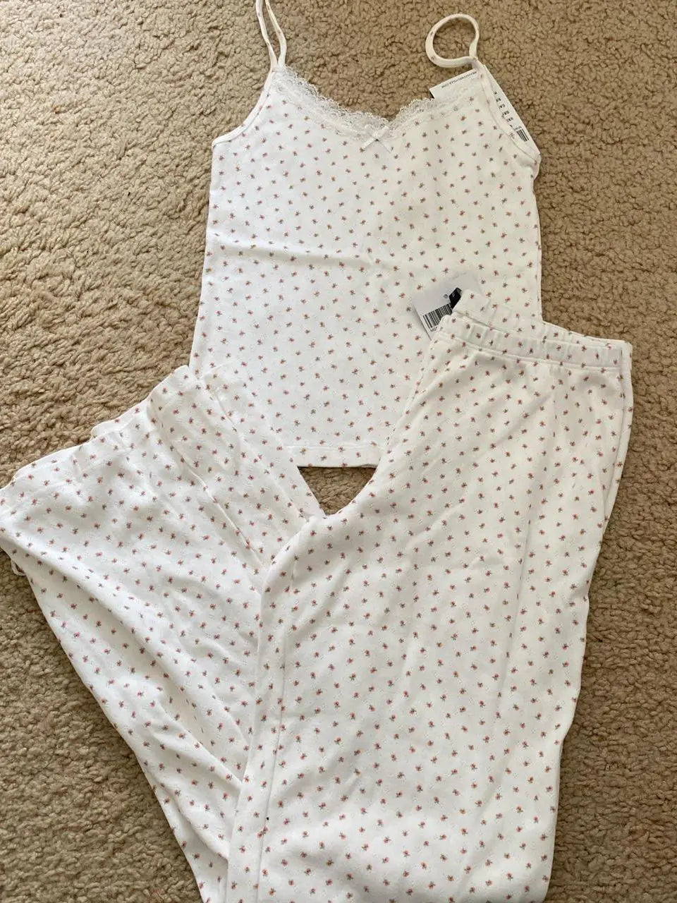 Eyelet White Tank Pant Home Set Woman Bow Slim Crop Top+Elastic High Waist Straight Trousers Summer Cotton Pajama 2 Piece Sets