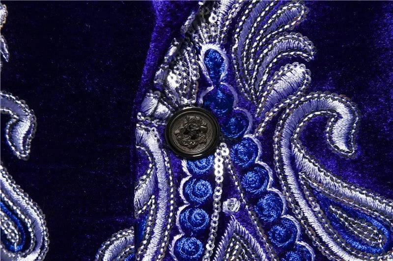 New Men's Luxury Blazer Costume Stage Jacket Suit Male Velvet One button Gold Thread Embroidered Dress Suits for Men