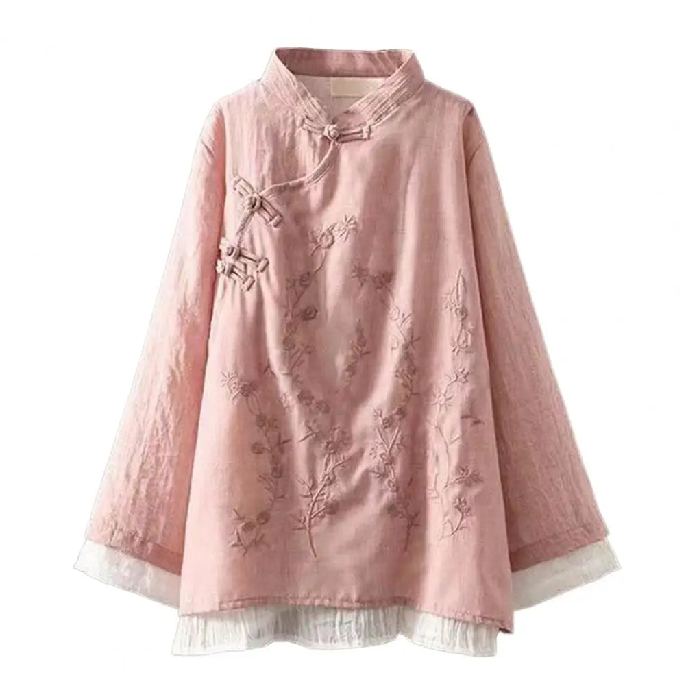 Women Spring Blouse Chinese Style Embroidered Flower Knot Button Vintage Shirt Loose Stand Collar Retro Shirt Lady Blouse Top