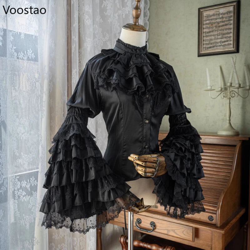 Victorian Elegant Lolita Style Shirts Japanese Women Vintage Gothic Lace Ruffles Flare Long Sleeve Blouses Sweet Y2k Slim Tops