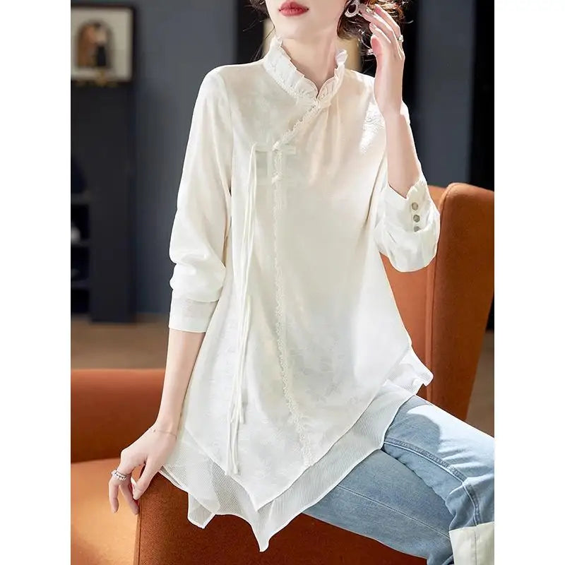 Spring Autumn New Fashion Stand Collar Long Sleeve Pullovers Women's Clothing Aesthetic Loose Female Clothes Printed Women Blous
