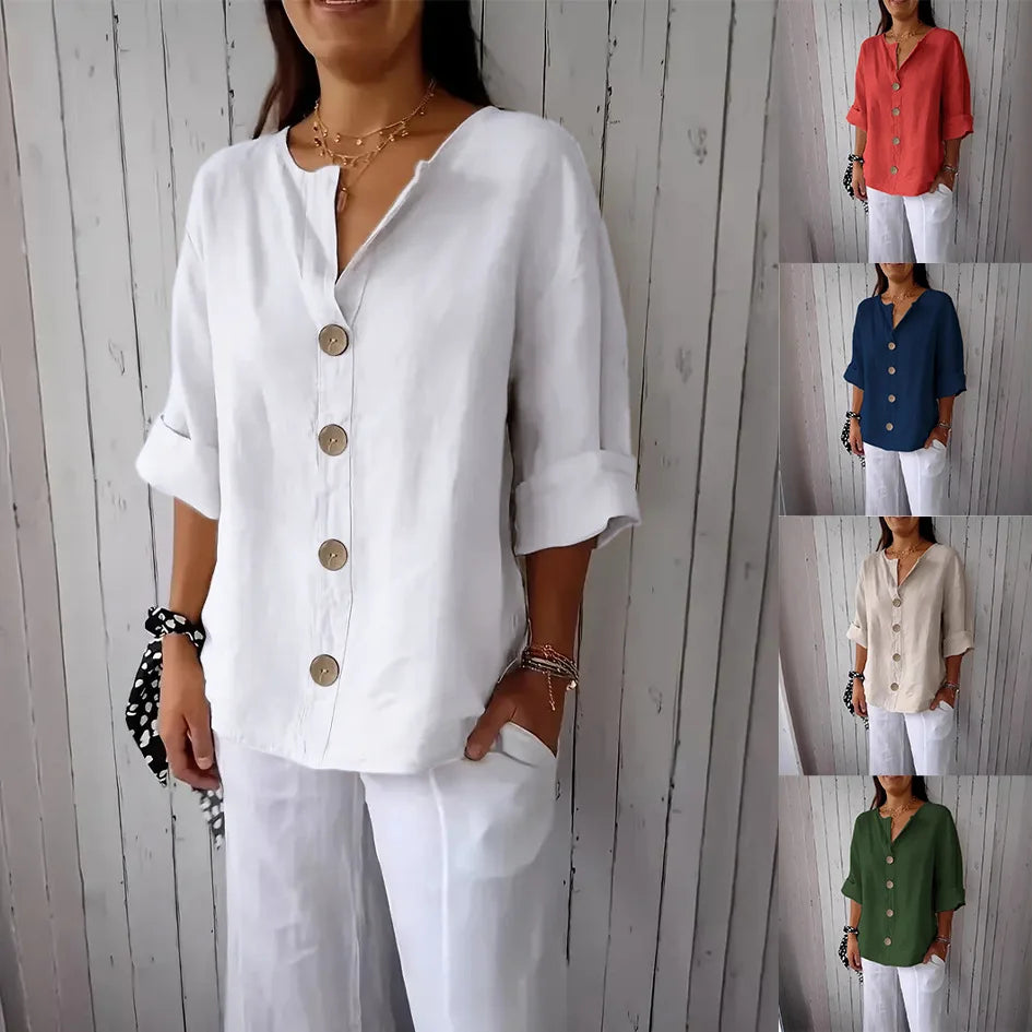New Summer Loose Shirt Women's V-neck Cotton Linen Button Top Casual Shirts Solid Fashion Elegant Office Womens Clothing 2025