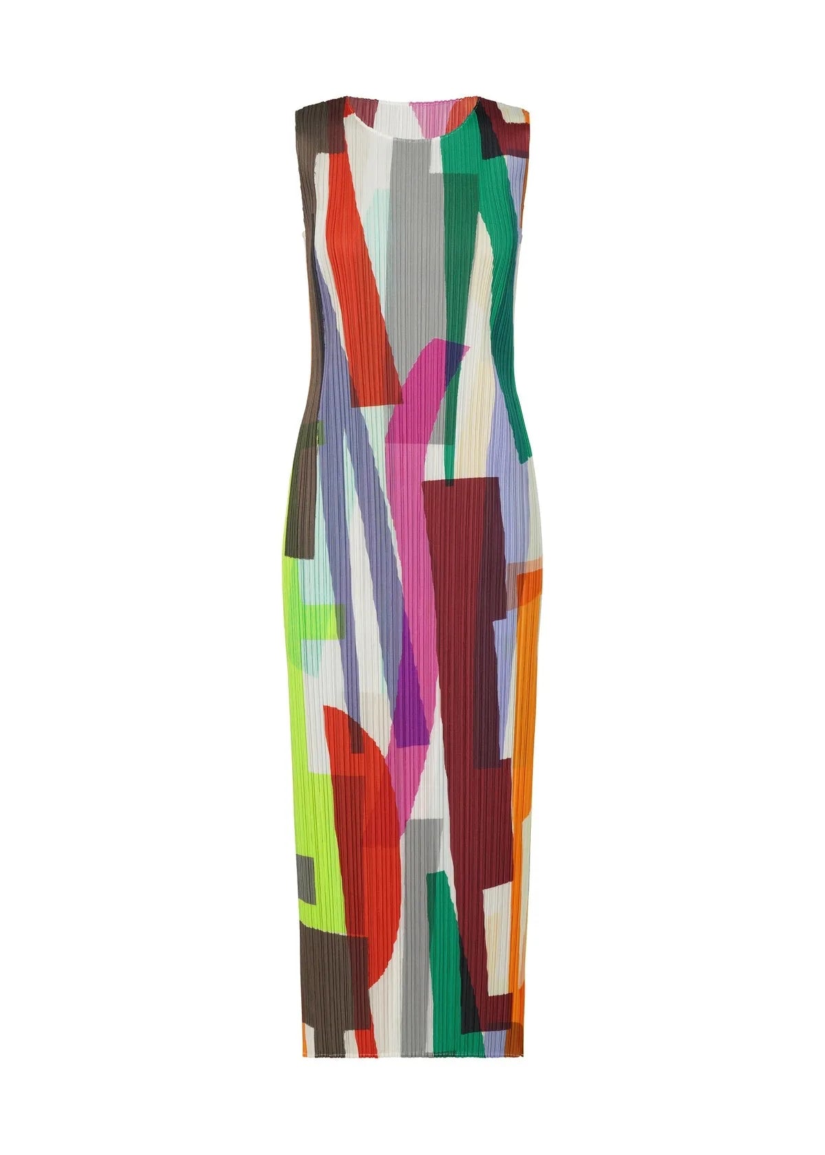 Miyake Pleated Striped Colorful Printed Sleeveless Dress