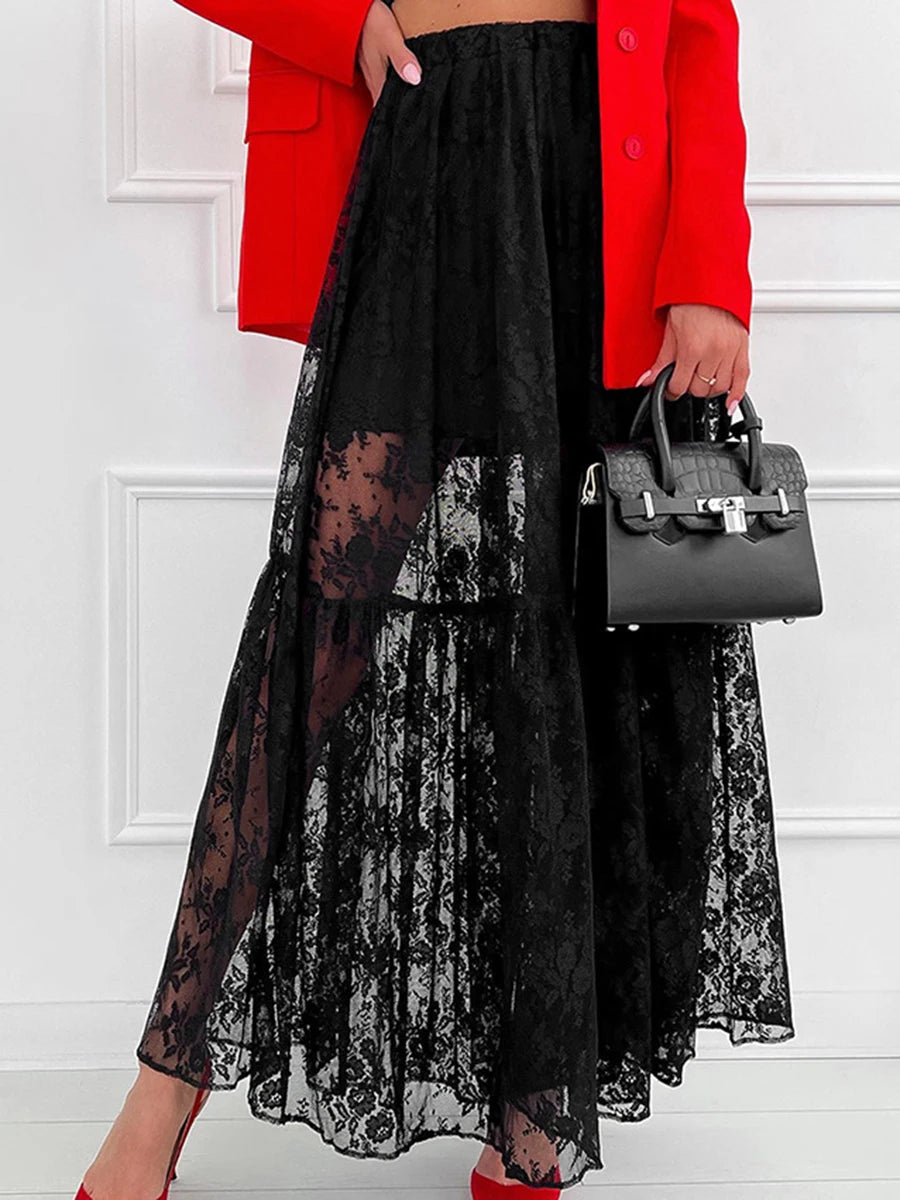Lace Jacquard Transperant Skirt Women Summer New High Waist Sexy Casual Long Skirts 2025 Streetwear Fashion White Maxi Skirt