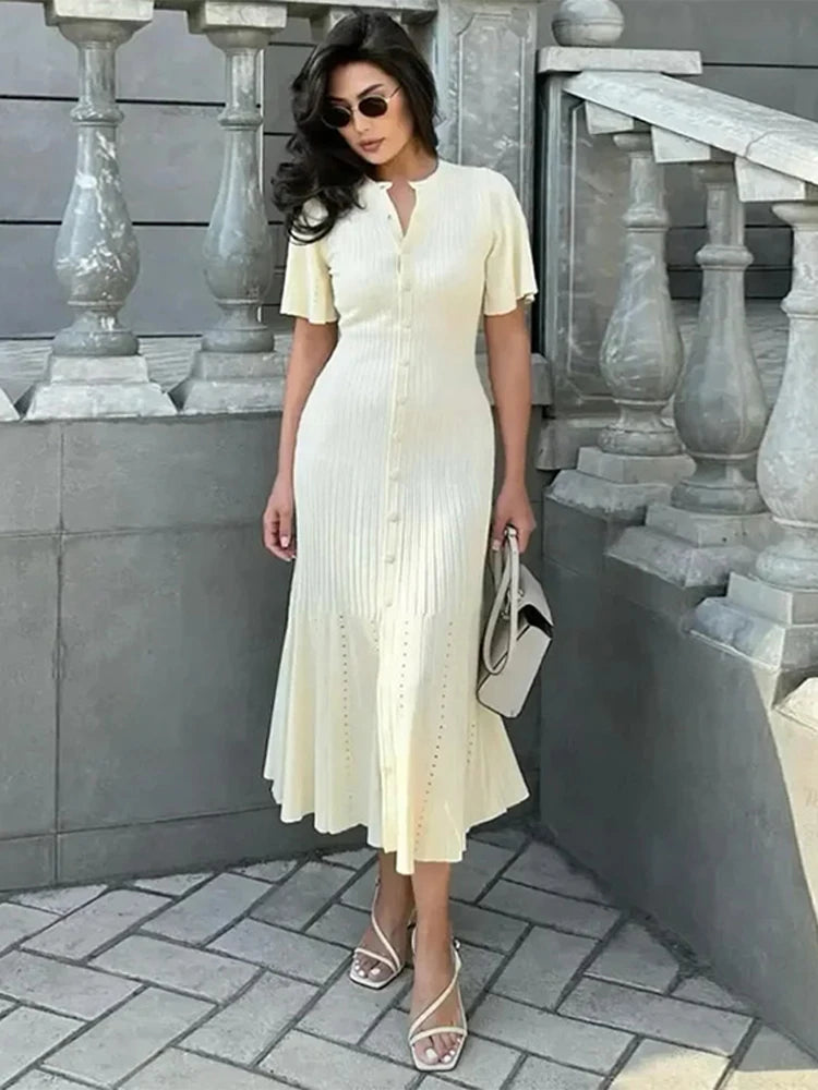 Knit Solid Women's Dress Short Sleeve O Neck Lady Dresses 2025 Elegant Summer Single Breasted Hip Package High Waist Female Rube