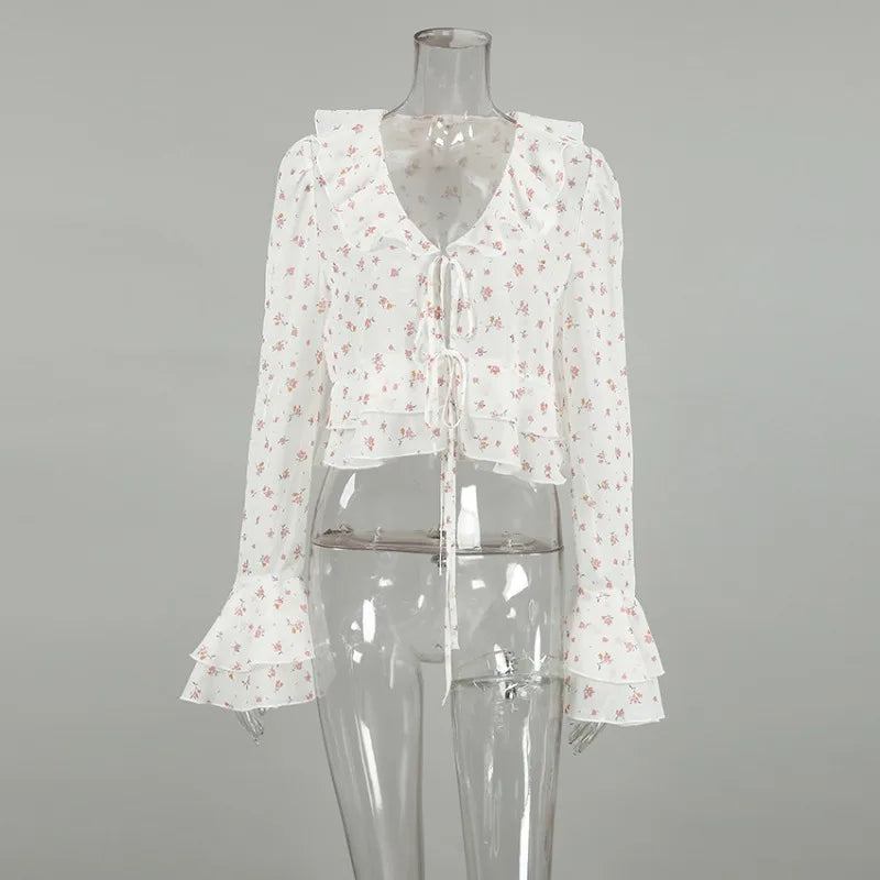 Tuularose Chiffon Printed Blouses Women Fashion V-Neck Ruffle Lace-up Cardigan Top Elegant Vintage Casual Patchwork Women Shirt
