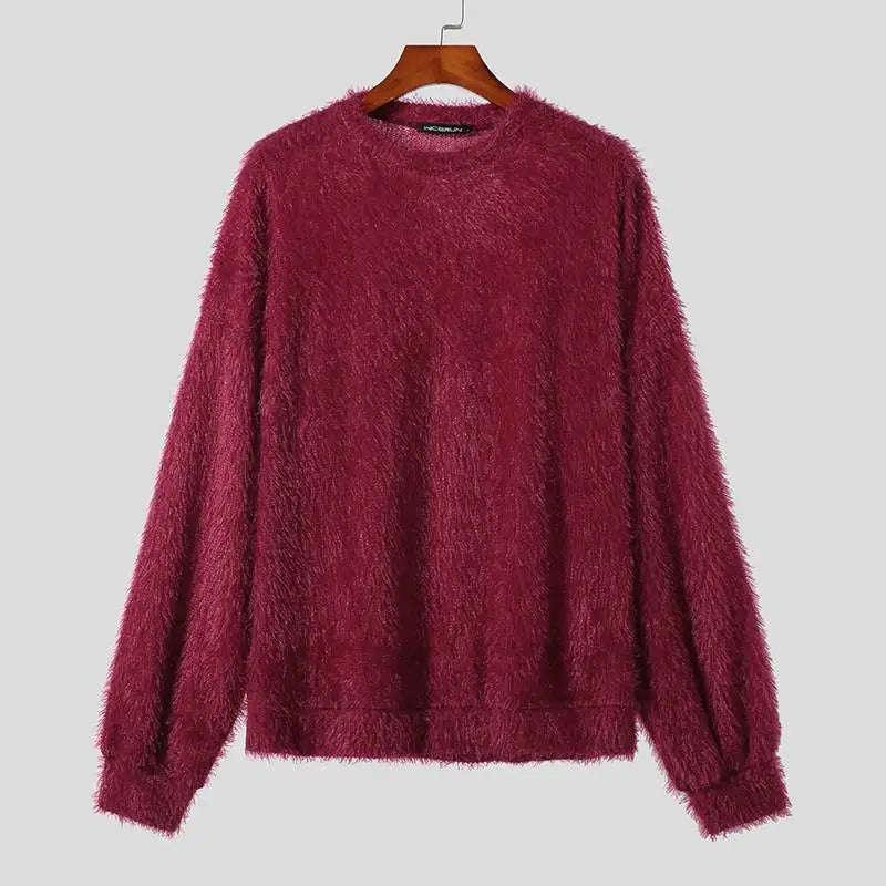 2023 Men Pullovers Solid Color Plush O-neck Long Sleeve Fashion Casual Men Clothing Streetwear Autumn Sweaters S-5XL INCERUN