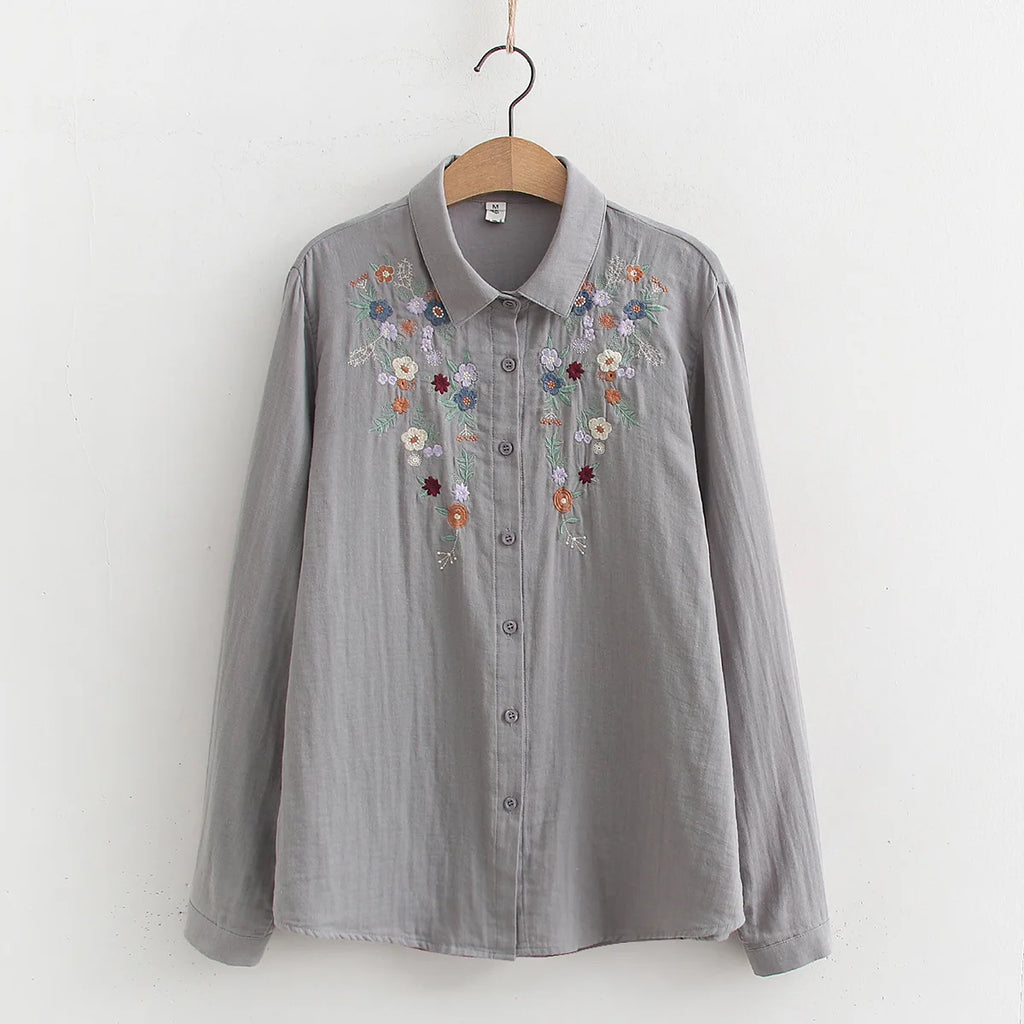 Spring Double 100% Cotton Yarn Shirts Women Turn-down Collar Loose Tops Girl Long Sleeve Embroidery Blouses 2024 Autumn T42909QM