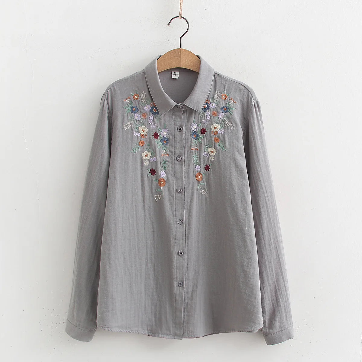 Spring Double 100% Cotton Yarn Shirts Women Turn-down Collar Loose Tops Girl Long Sleeve Embroidery Blouses 2024 Autumn T42909QM