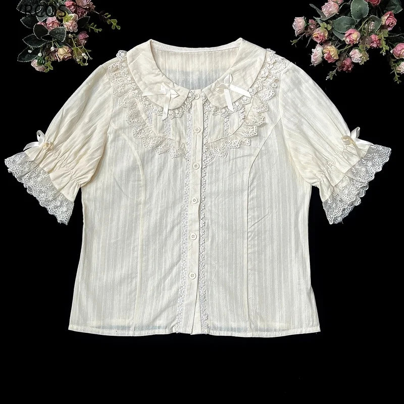 Sweet Lolita Woman Blouses 2022 Loose White Shirt Lace Bow Short Sleeve Tops Women's Korean Clothing Summer Chic Female Blouse