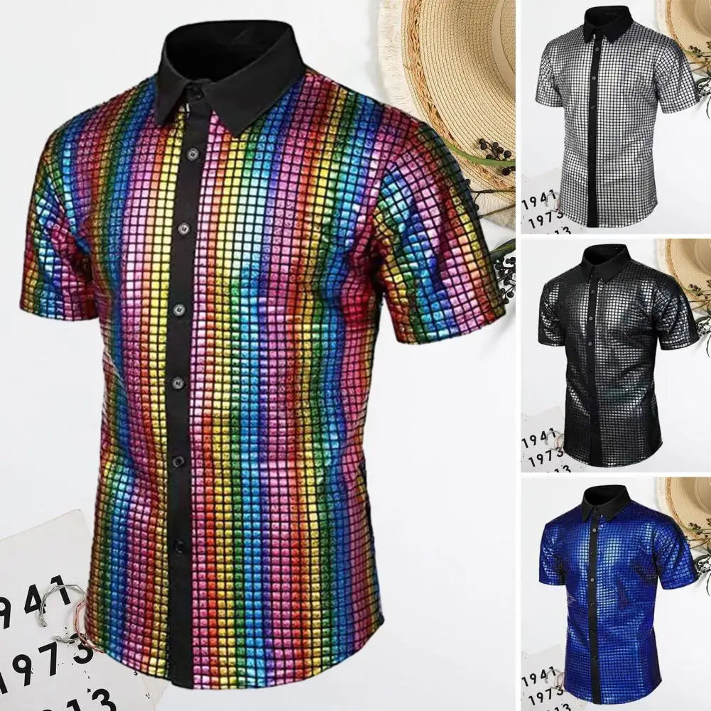 Men Club Shirt Vintage 70s Disco Men's Club Shirt with Reflective Sequins Turn-down Collar Short Sleeve Button Down for Parties