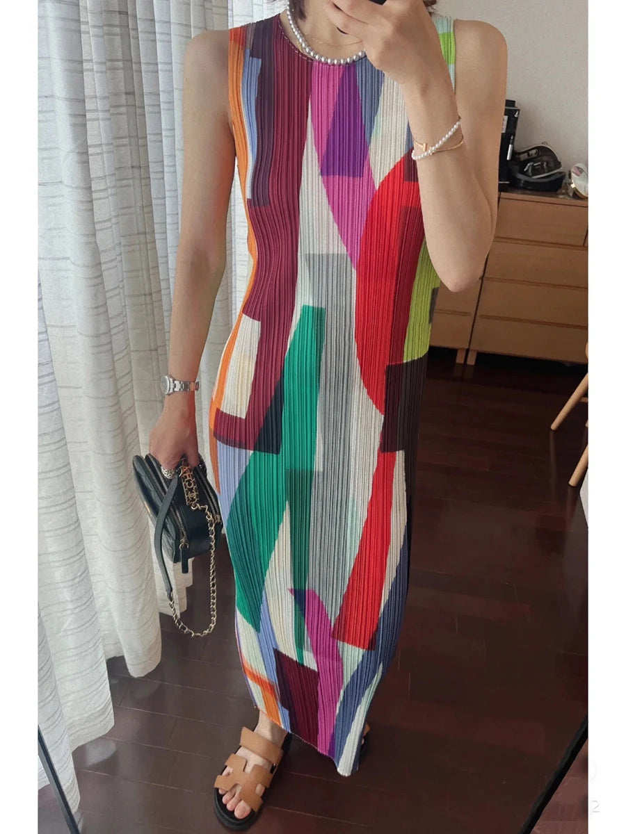 Miyake Pleated Striped Colorful Printed Sleeveless Dress