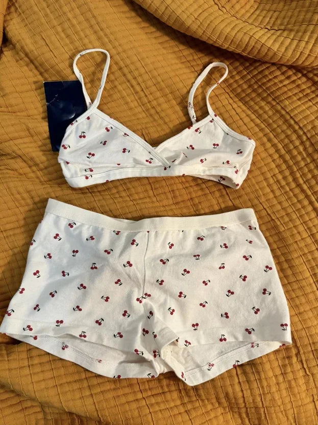 New Cherry Cotton Bra Shorts 2 Pieces Set Women Sexy V-neck Slim Bras with Straight Short Pants Casual Sweet Home Pajama Sets
